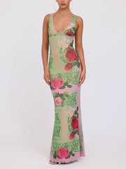 Holiday Style Contrast Rose Print V-neck Maxi Dress