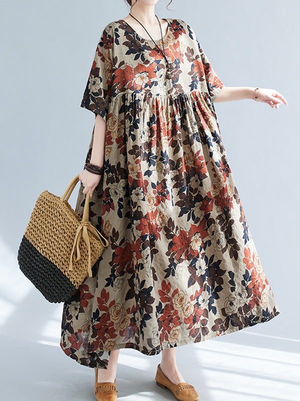 Loose Puff Sleeves Floral Printed Round-Neck Midi Dresses