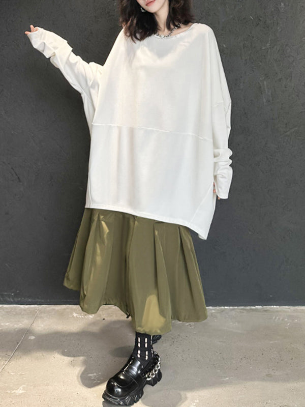 Batwing Sleeves Long Sleeves Solid Color Round-Neck T-Shirts Tops