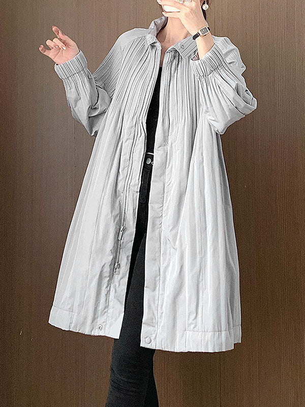 Long Sleeves Loose Pleated Quilted Solid Color Zipper Asymmetric Collar Padded Coat