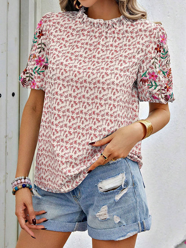 Loose Short Sleeves Elasticity Embroidered Flower Print Pleated Split-Joint Mock Neck T-Shirts Tops