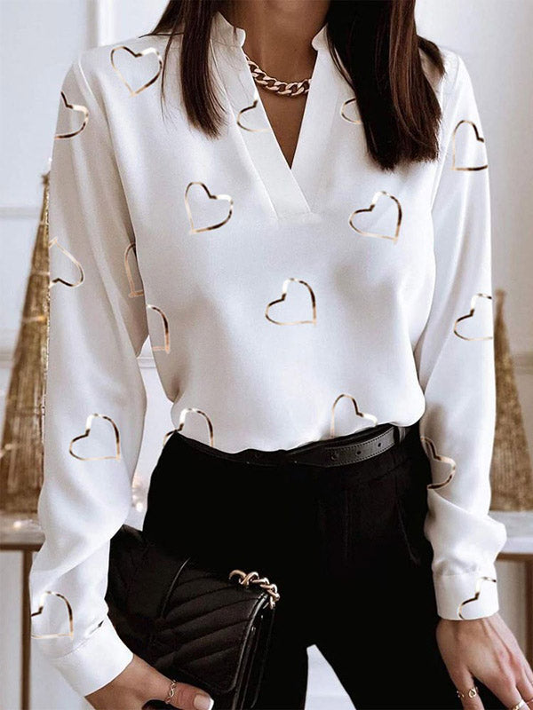 Long Sleeves Loose Heart Print V-Neck Blouses&Shirts Tops