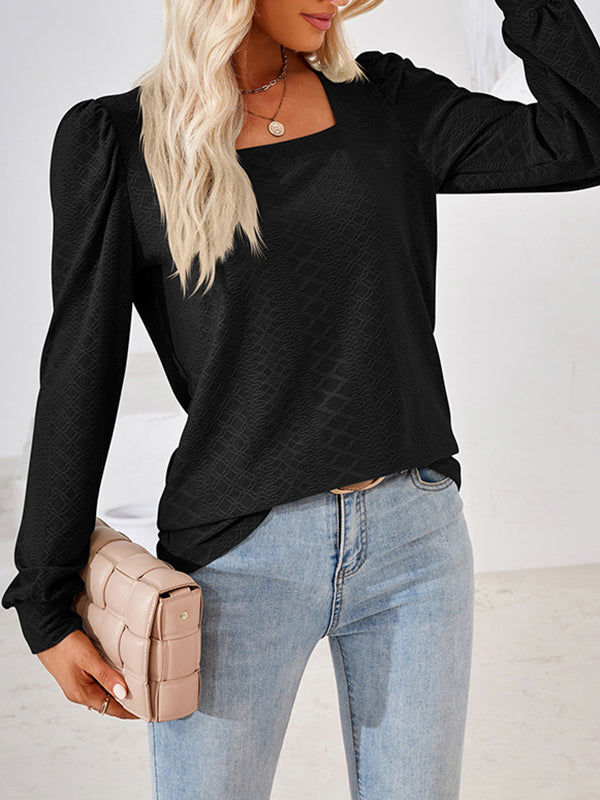 Loose Jacquard Solid Color Square-neck T-Shirts Tops