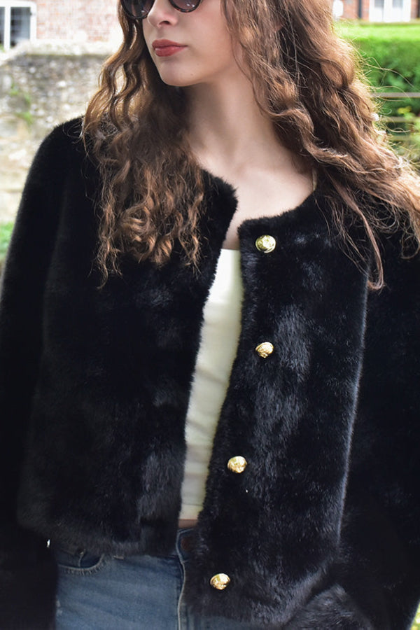 Soft Powdery Black Short Faux Fur Coat