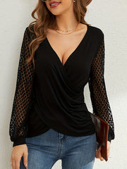 Long Sleeves Puff Sleeves See-Through Solid Color Split-Joint Deep V-Neck T-Shirts Tops