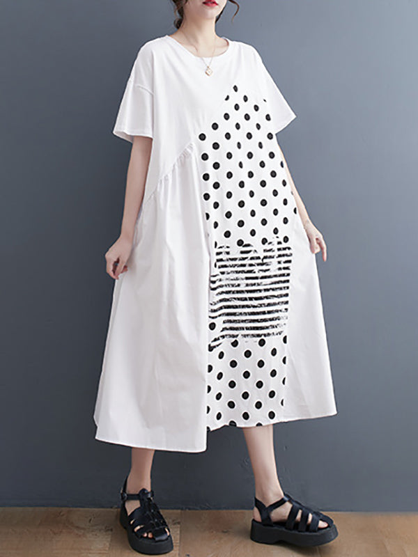 Irregularity Oversize Printed Striped Polka-Dot Split-Joint Round-Neck Midi Dresses