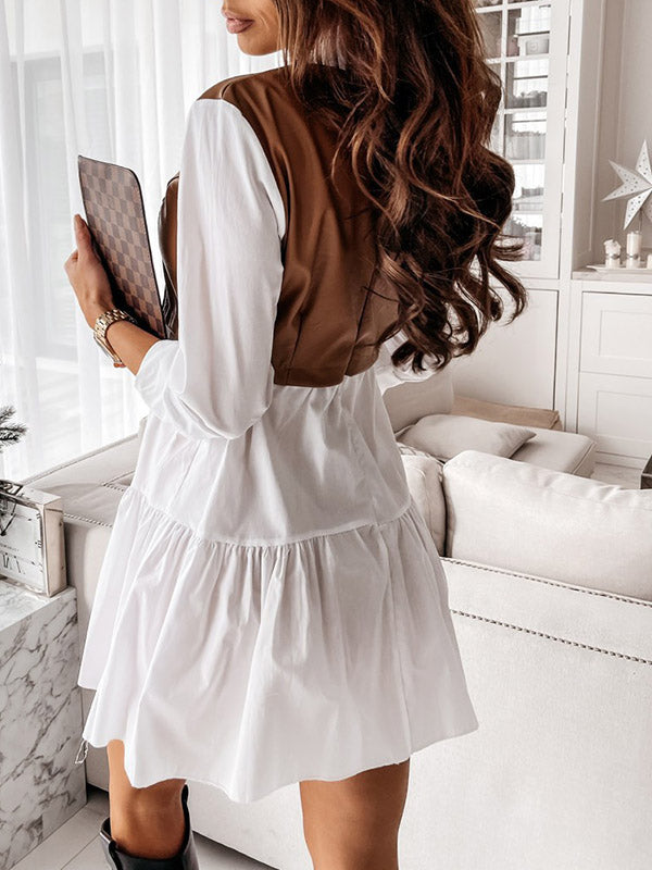 Long Sleeves Loose Contrast Color Pleated Split-Joint Lapel Mini Dresses