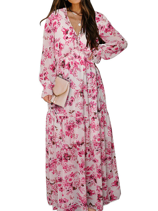 High Waisted Long Sleeves Flower Print Pleated Ruffled V-Neck Maxi Dresses