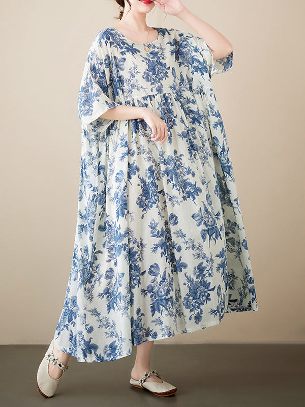 Loose Short Sleeves Floral Printed Pleated Split-Joint Round-Neck Midi Dresses