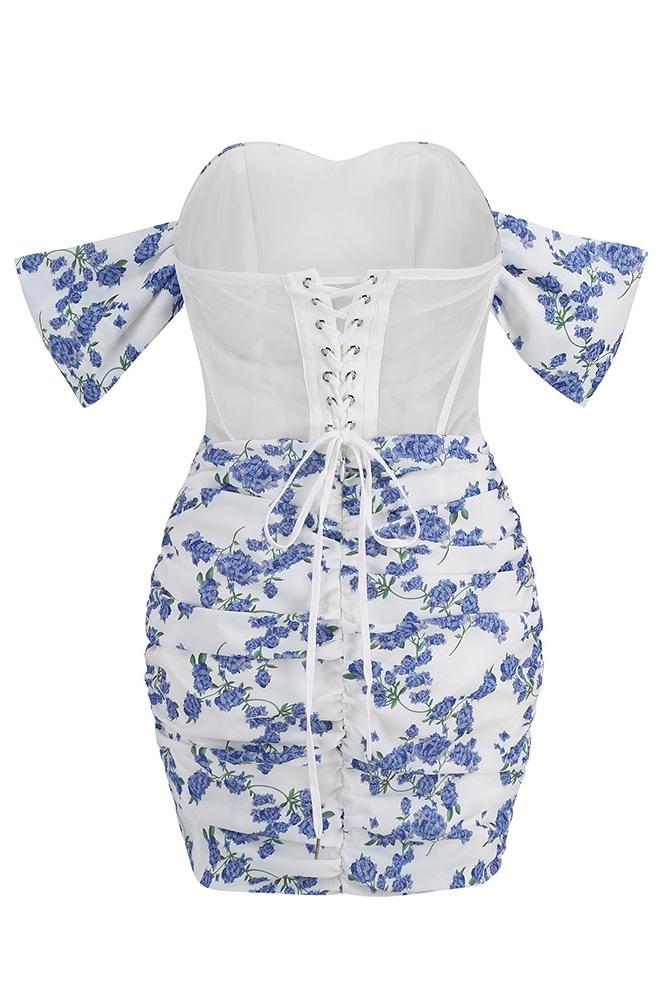 Odelette Printed Off-shoulder Corset Mini Dress