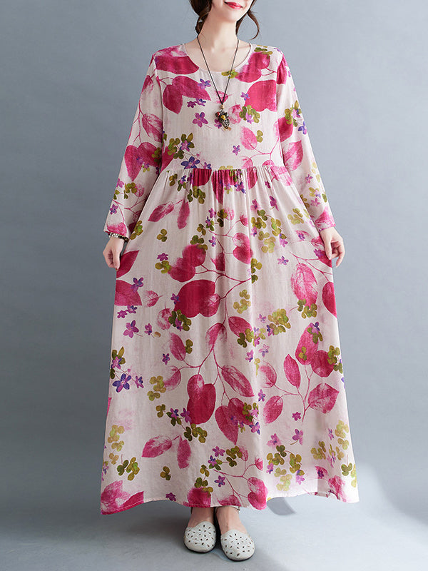 Long Sleeves Loose Flower Print Split-Joint Round-Neck Midi Dresses