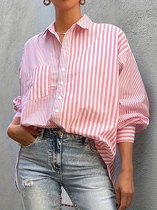 Long Sleeves Loose Buttoned Contrast Color Pleated Pockets Split-Joint Striped Lapel Blouses&Shirts Tops