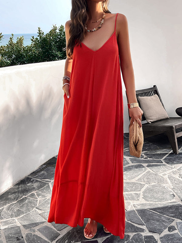 Loose Sleeveless Pleated Solid Color Split-Joint Spaghetti-Neck Maxi Dresses