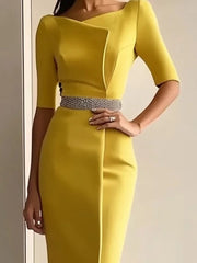 Bodycon Half Sleeves No Belt Solid Color Split-Joint Split-Side Square-Neck Maxi Dresses