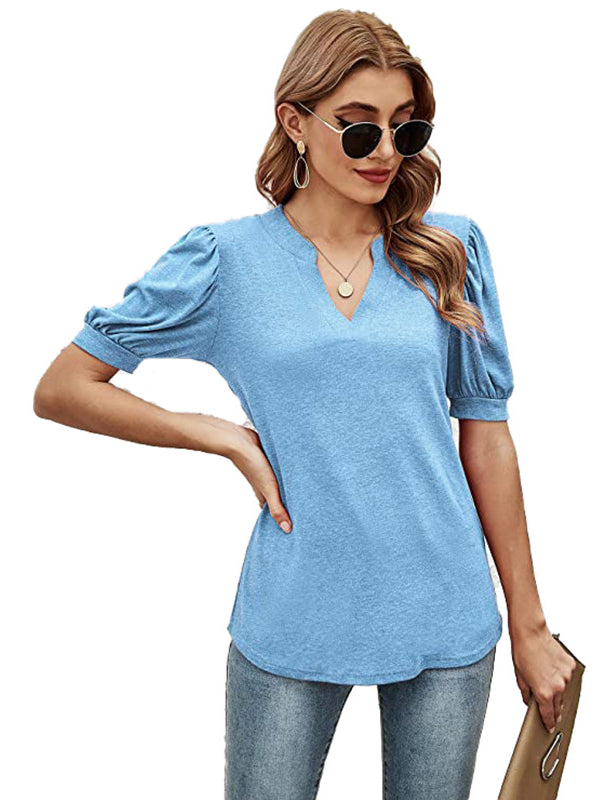 Simple Solid Color V-Neck Puff Sleeves T-Shirt Top