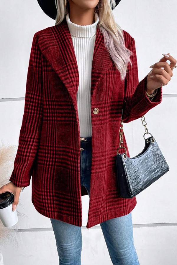 Style Collection Plaid Collared Neck Long Sleeve Jacket