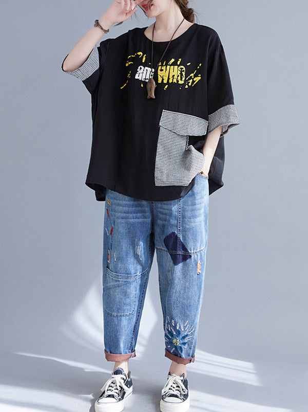 Original Letter Print Split-Joint Round-Neck T-Shirts Tops