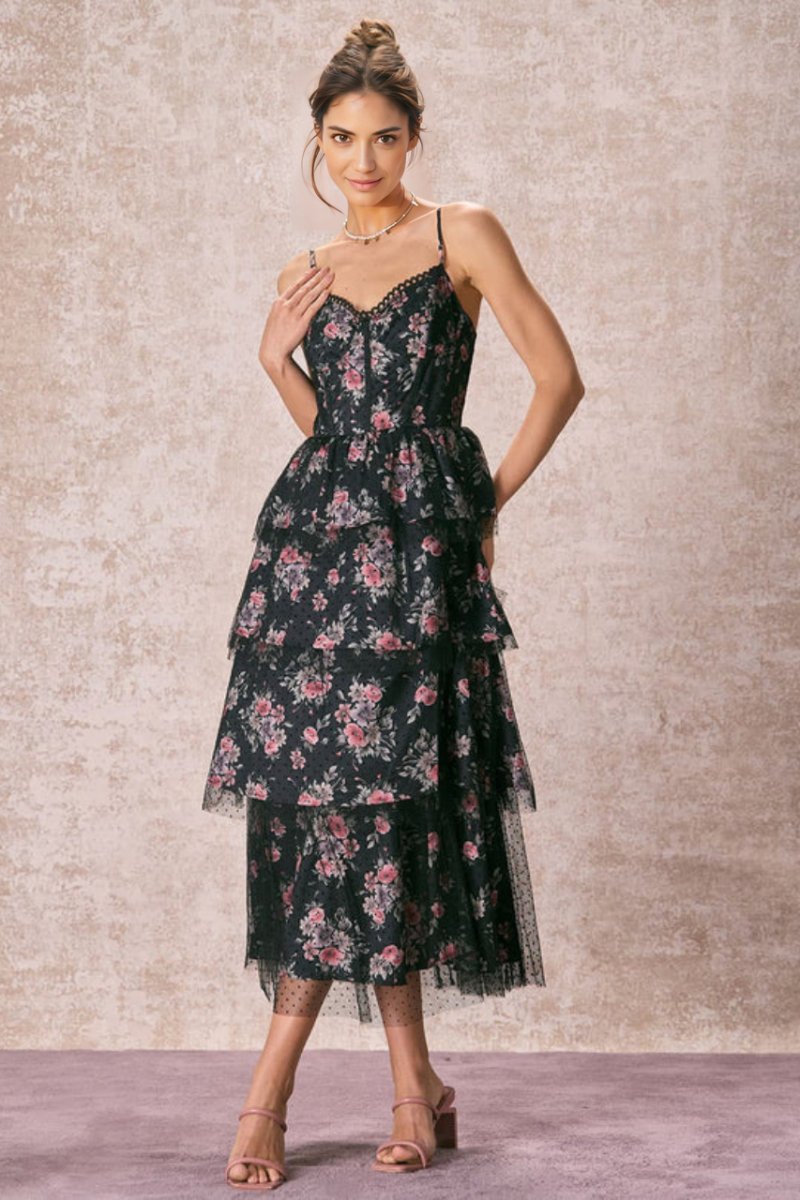 Sabrina Floral Tiered Slit Midi Dress