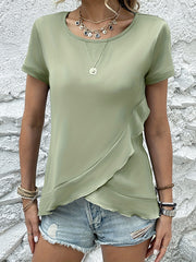 Loose Short Sleeves Asymmetric Ruffled Solid Color Split-Joint Round-Neck T-Shirts Tops