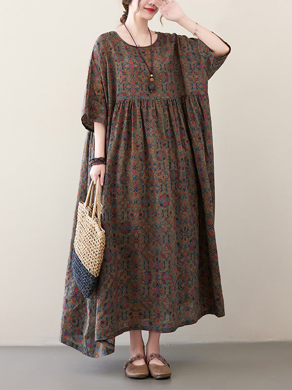 Vacation Loose Half Sleeves Floral Printed Pleated Round-Neck Midi Dresses