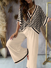 Urban Loose Printed V-Neck T-Shirts Tops& Drawstring Wide Leg Pants Suits