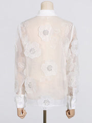 Long Sleeves Loose Buttoned Embroidered See-Through Three-Dimensional Flower Lapel Blouses&Shirts Tops