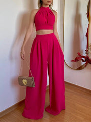 Solid Color Pleated Split-Joint Backless High Neck Vest + High Waisted Loose Pants Trousers Two Pieces Set