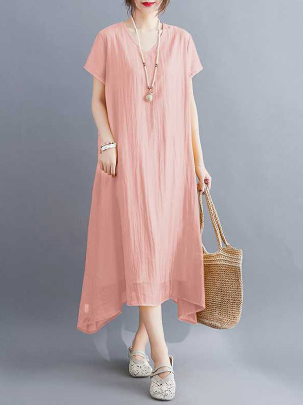 A-Line Loose Solid Color V-Neck Midi Dresses