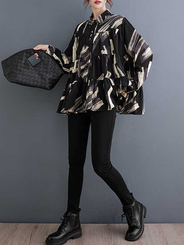 Long Sleeves Loose Pleated Printed Split-Joint Lapel Blouses