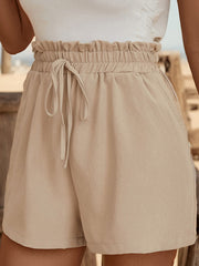 Loose Drawstring Elasticity Pleated Pockets Ruffle Trim Solid Color Shorts Bottoms