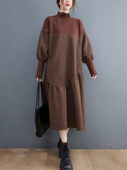 Casual Long Sleeves Loose Split-Joint Jacquard High-Neck Sweater Dresses