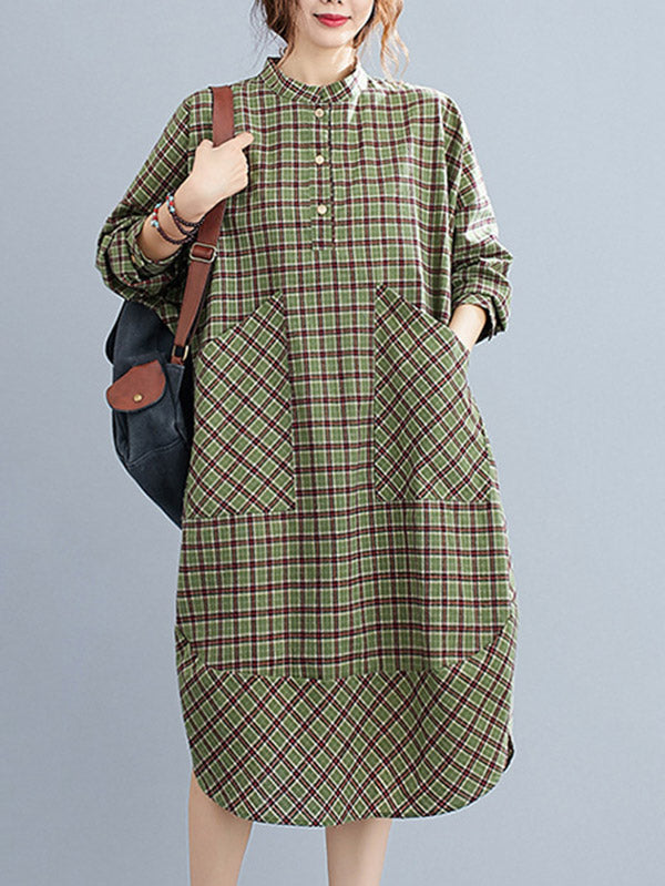 Vintage Plaid Irregularity Shirt Dresses