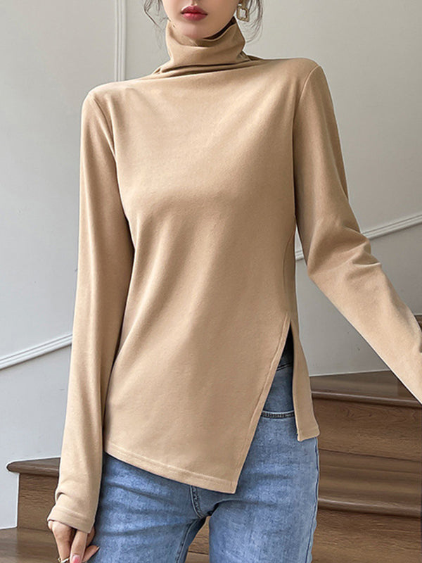 Casual Skinny Long Sleeves Split-Side Solid Color High-Neck T-Shirts Tops