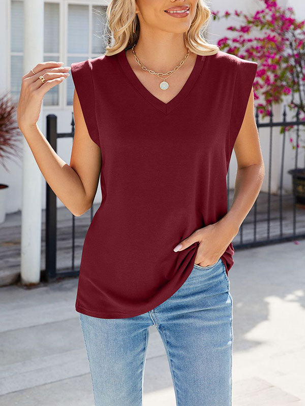 Cap Sleeve Solid Color V-neck T-Shirts Tops