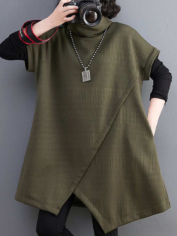 Short Sleeves Asymmetric Solid Color Split-Front High-Neck Knitwear Mini Dresses