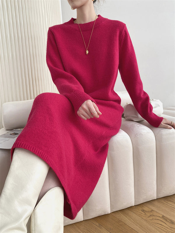 Urban Loose Long Sleeves Solid Color Round-Neck Sweater Dresses