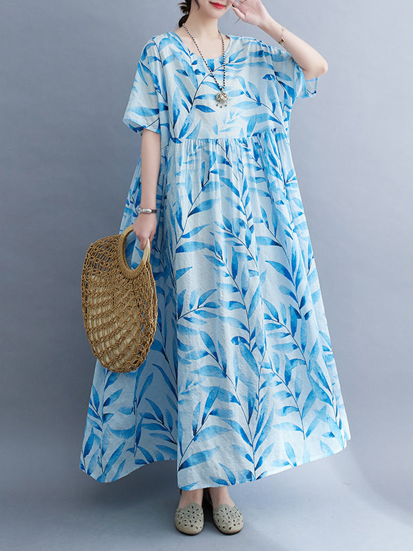 Loose Short Sleeves Leaf Pleated Printed Split-Joint Round-Neck Midi Dresses