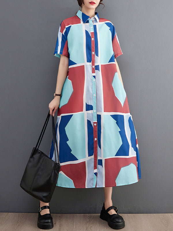 Loose Short Sleeves Cartoon Printed Multi-Colored Lapel Midi Dresses Shirt Dress