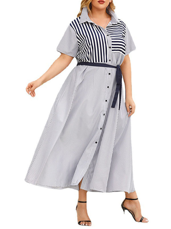 Loose Plus Size Buttoned Split-Joint Striped Tied Waist Lapel Maxi Dresses Shirt Dress