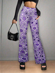 High Waisted Loose Flower Print Split-Joint Flared Trousers Pants