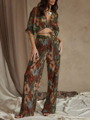 Unique Vintage Floral Print Pleated Side Pocket Wide-Leg Pants