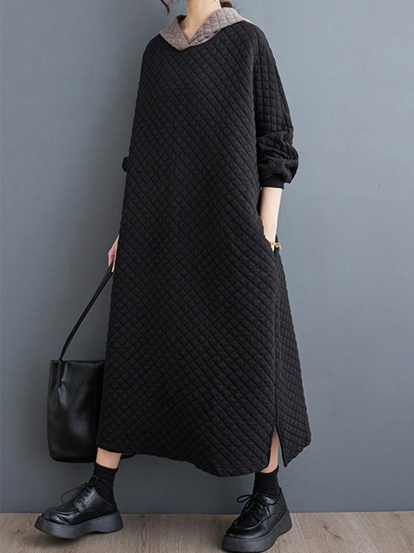 A-Line Long Sleeves Hooded Quilted Split-Side Midi Dresses