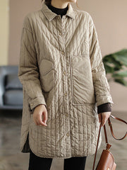 Long Sleeves Loose Asymmetric Buttoned Pockets Quilted Solid Color Split-Side Lapel Padded Coat