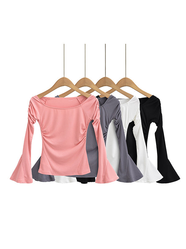 Flared Sleeves Long Sleeves Pleated Solid Color Boat Neck T-Shirts Tops