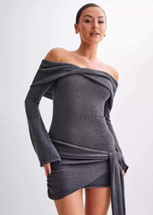 Off-Shoulder Knitted Wrap Dress - Modern Elegance