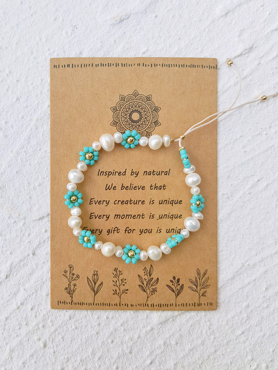 Adjustable Drawstring Beaded Bracelet Blue Daisy