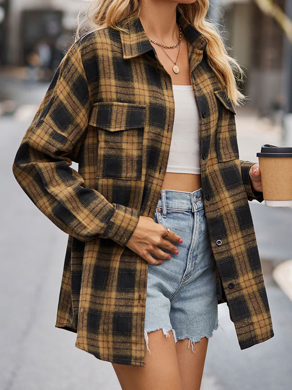 Long Sleeves Loose Buttoned Plaid Pockets Split-Joint Lapel Blouses&Shirts Tops