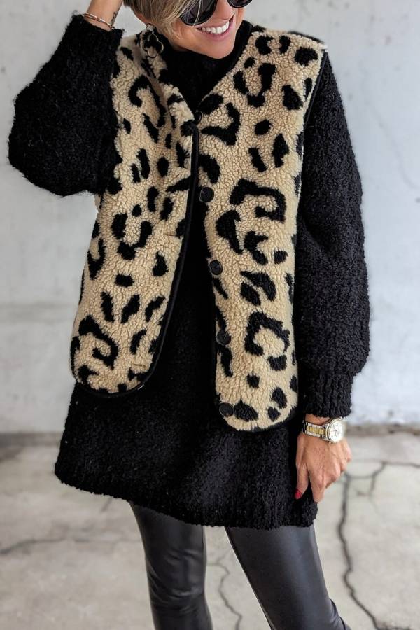 Women's Leopard Print Front Opening Casual Autumn and Winter Vest Jacket