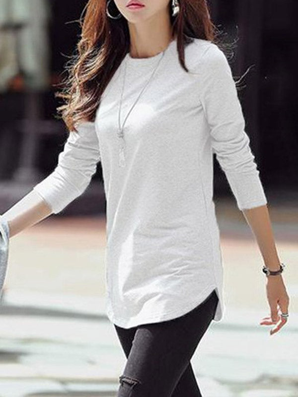 Long Sleeves Solid Color Round-Neck T-Shirts Tops