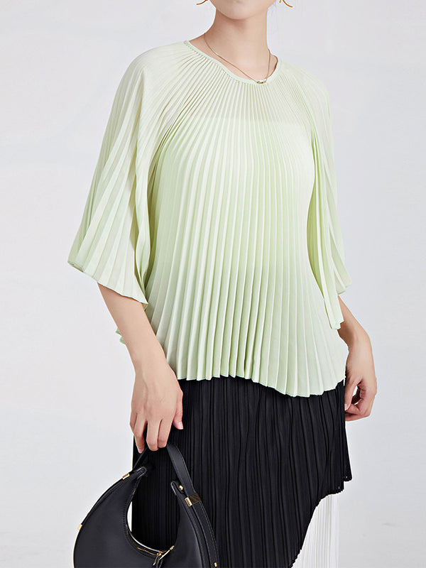 Batwing Sleeves Loose Pleated Solid Color Round-Neck T-Shirts Tops